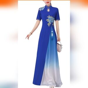 Elegant Blue Gradient Dress with Floral Embroidery